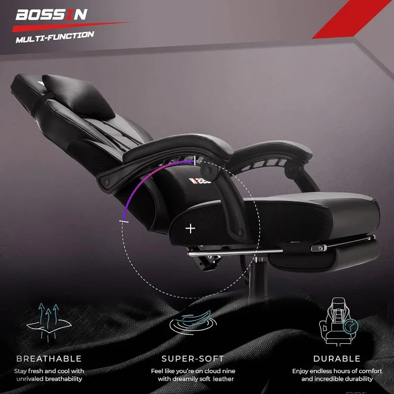 BOSSIN Gaming Chair with Massage, Ergonomic Heavy Duty Design with Footrest and Lumbar Support, Large Size Cushion