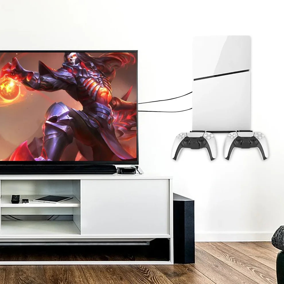 Wall Mounted Console Stand for PS5 Slim Series Holder with 2 Controller Mounts,Solid Metal Stand Kit,Easy Installation