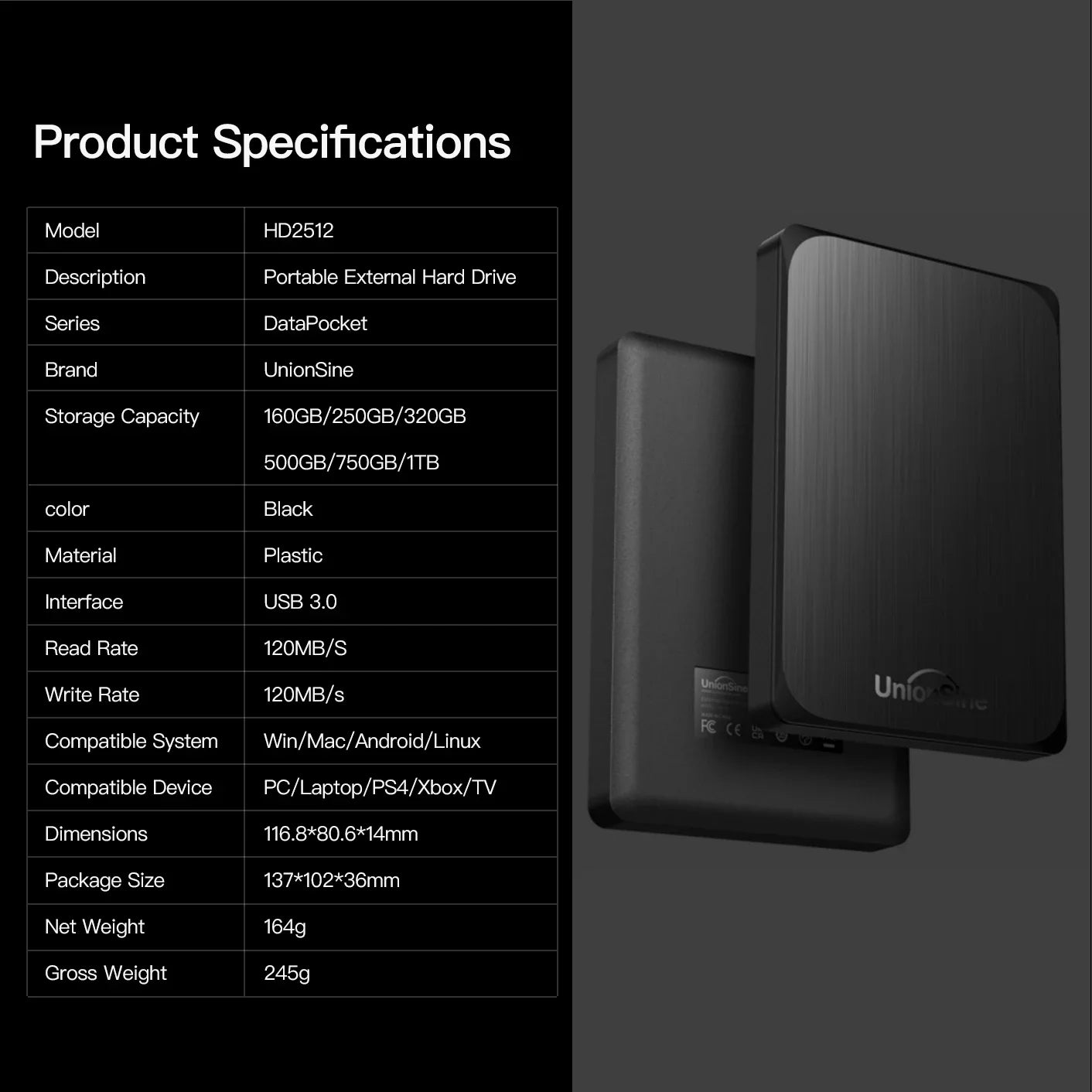 UnionSine HDD 2.5" Portable External Hard Drive 1tb/750gb/500gb/250gb USB3.0 Storage Compatible for PC,Mac,Desktop,MacBook,TV