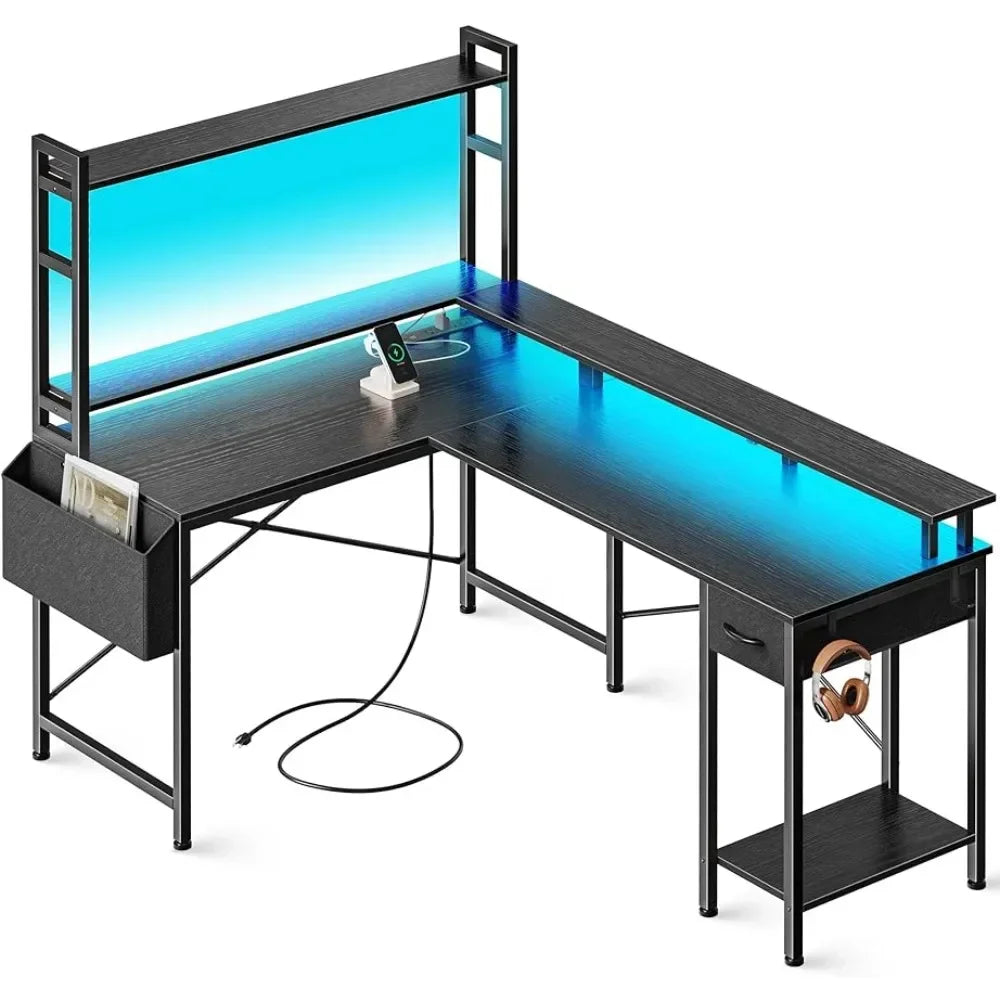 Corner Desk Home Office Desks for Bedroom Furniture L Shaped Desk Gaming Desk With LED Lights & Power Outlets Black Computer