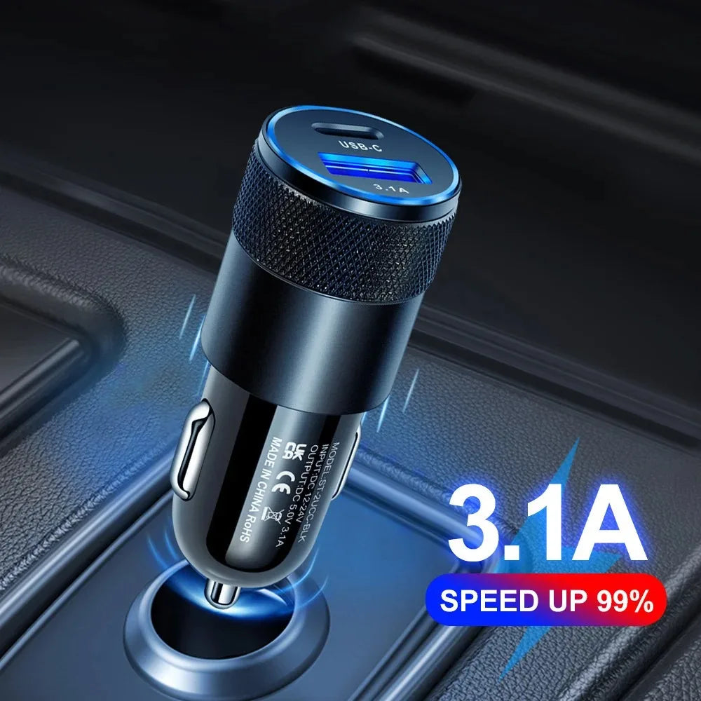 3.1A USB+PD Car Charger Type C Fast Charging Car Phone Adapter For iPhone Xiaomi Huawei Car Cigarette Lighter Quick Charge