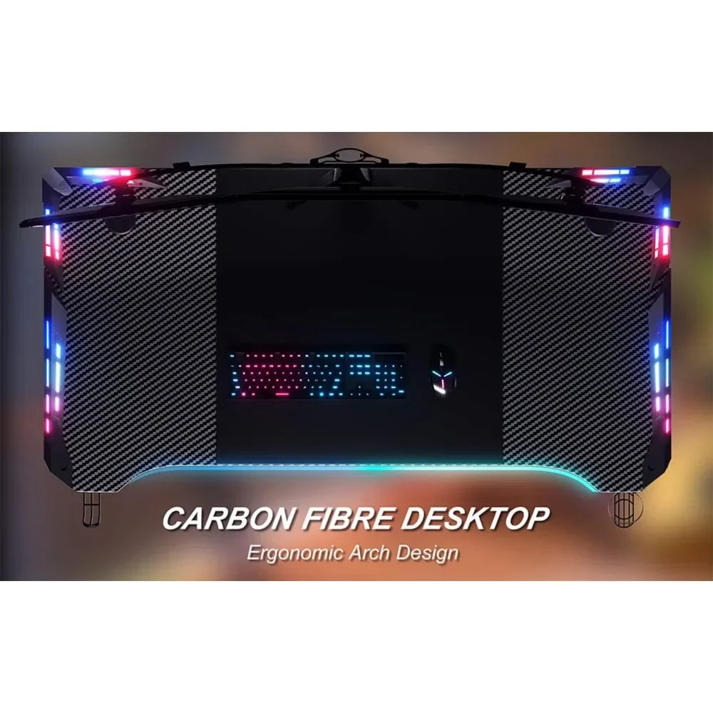 47 Inch Gaming Desk with LED Lights Carbon Fibre Surface Gaming Table Large Computer Desk Ergonomic Home Office Desks