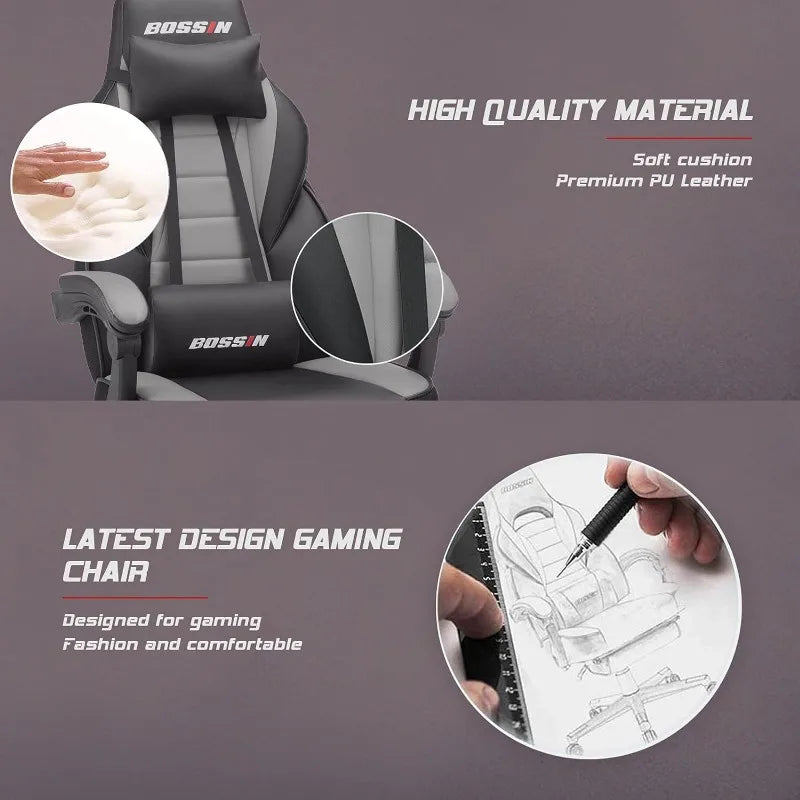 BOSSIN Gaming Chair with Massage, Ergonomic Heavy Duty Design with Footrest and Lumbar Support, Large Size Cushion