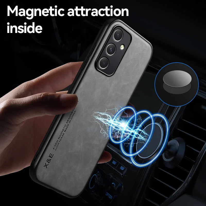 Luxury Magnetic Car Holder Leather Phone Case For Samsung A25 A55 5G Silicone Protect Back Cover