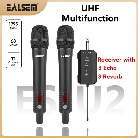 EALSEM UHF Dual Channel Metal Dynamic Microphone,Receiver With Adjustable Reverberation, Echo, Conference Mode,For KTV,Stage