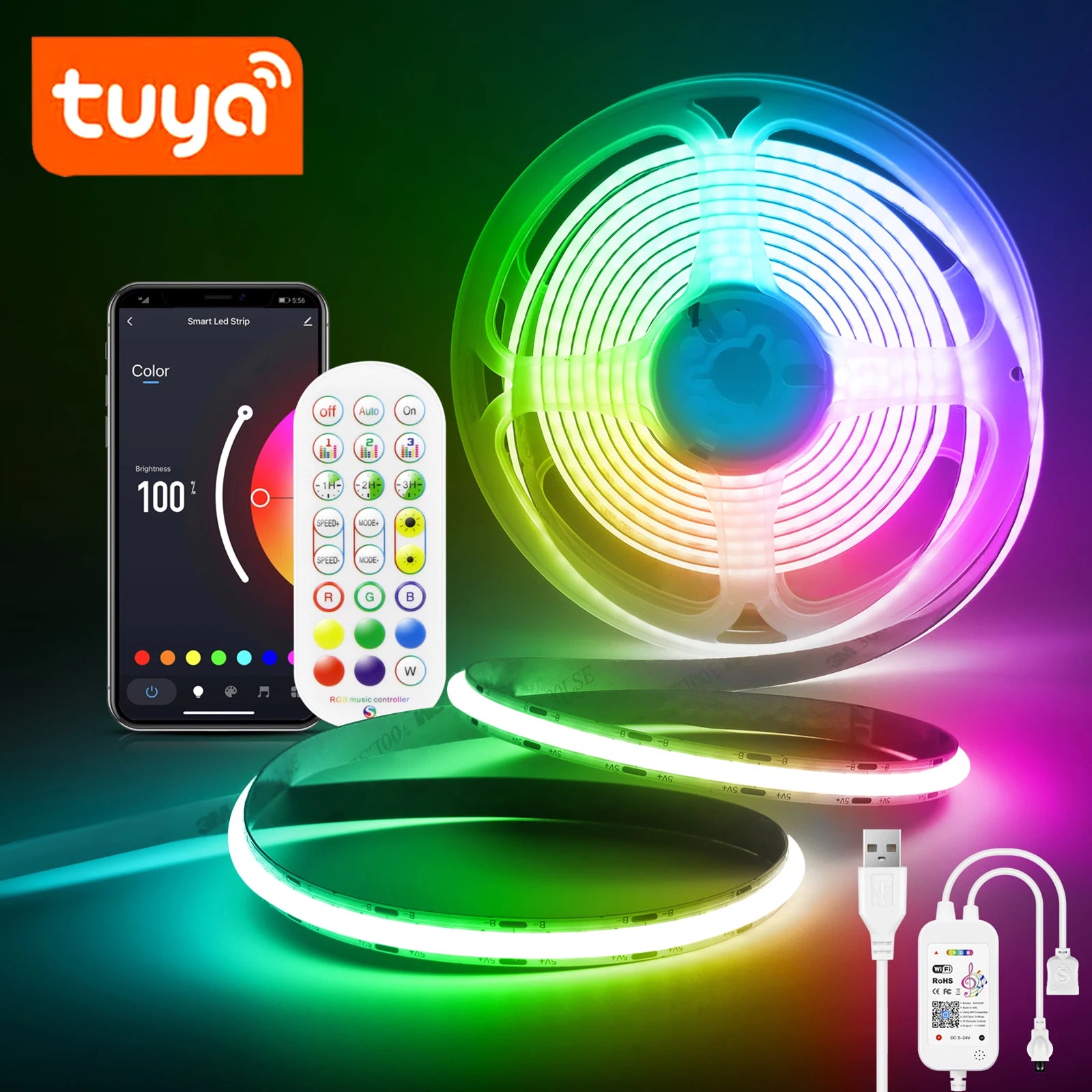 5V USB Tuya Smart WiFi COB LED Strip Light 1M 2M 3M RGB COB LED Strip Work With Alexa/Google Home For Home Decor Lighting