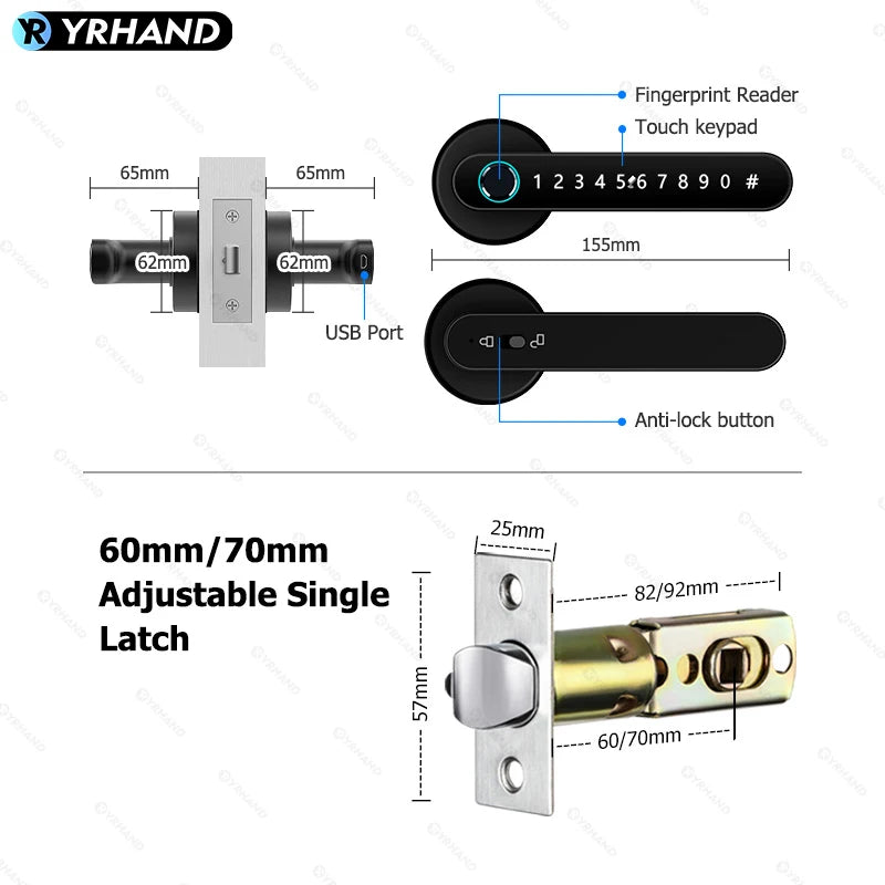 YRHAND Tuya BLE Biometric Handle Smart Fingerprint Lock With IC Card Password Mechanical Key Unlock For Single Handle for Home