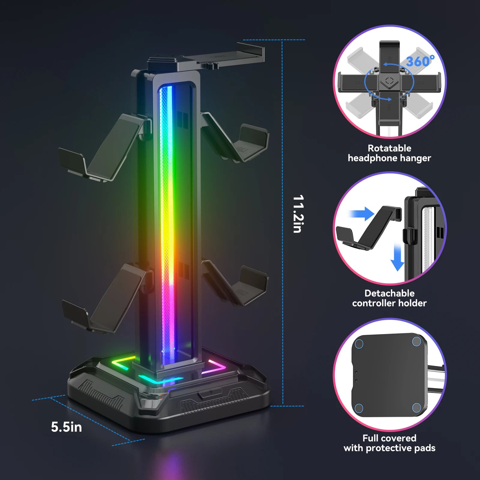 KDD RGB Headset Stand with 9 Light Modes Controller Holder for Desk Rotatable Headphone Stand & Detachable Controller Hook