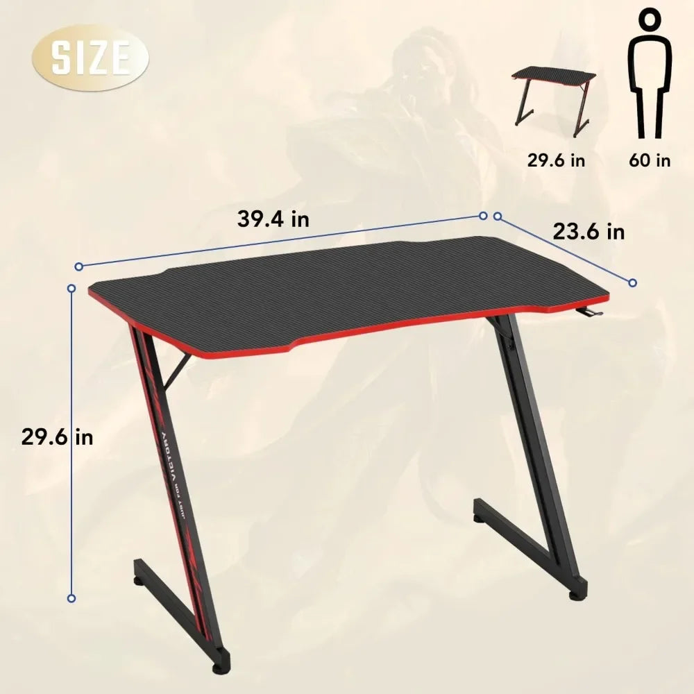 39" Gmaing Desk Computer Gaming Desk Z Shaped Gaming Workstation Ergonomic Gaming Table with Headphone Hook for Game