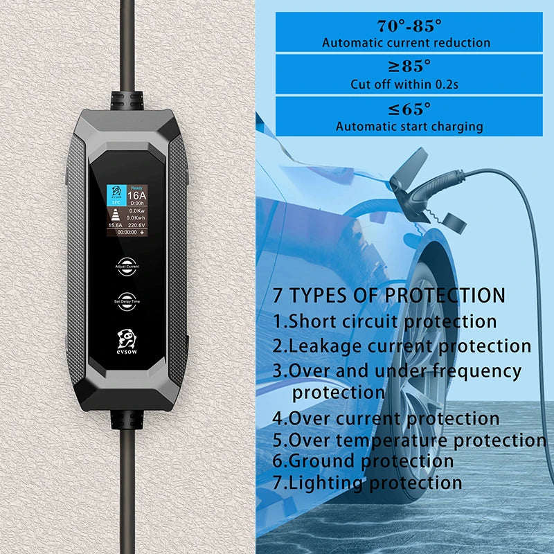 evsow Portable EV Charger Type2 16A 3.5KW 1Phase Electric Car Charger 5m Charging Cable Type1 GBT Wallbox EVSE Charger Station