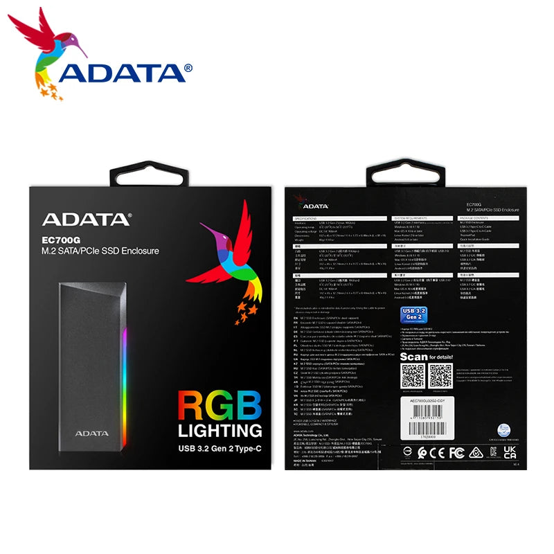 ADATA EC700G M2 SATA/PCle SSD Enclosure RGB LIGHTING USB 3.2 Gen2 Type-C Solid State Drive Box SATA Hard Drive Case