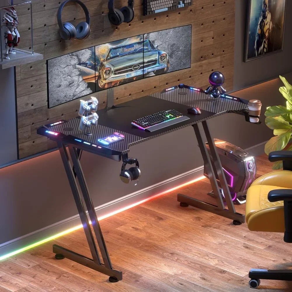 47 Inch Gaming Desk with LED Lights Carbon Fibre Surface Gaming Table Large Computer Desk Ergonomic Home Office Desks