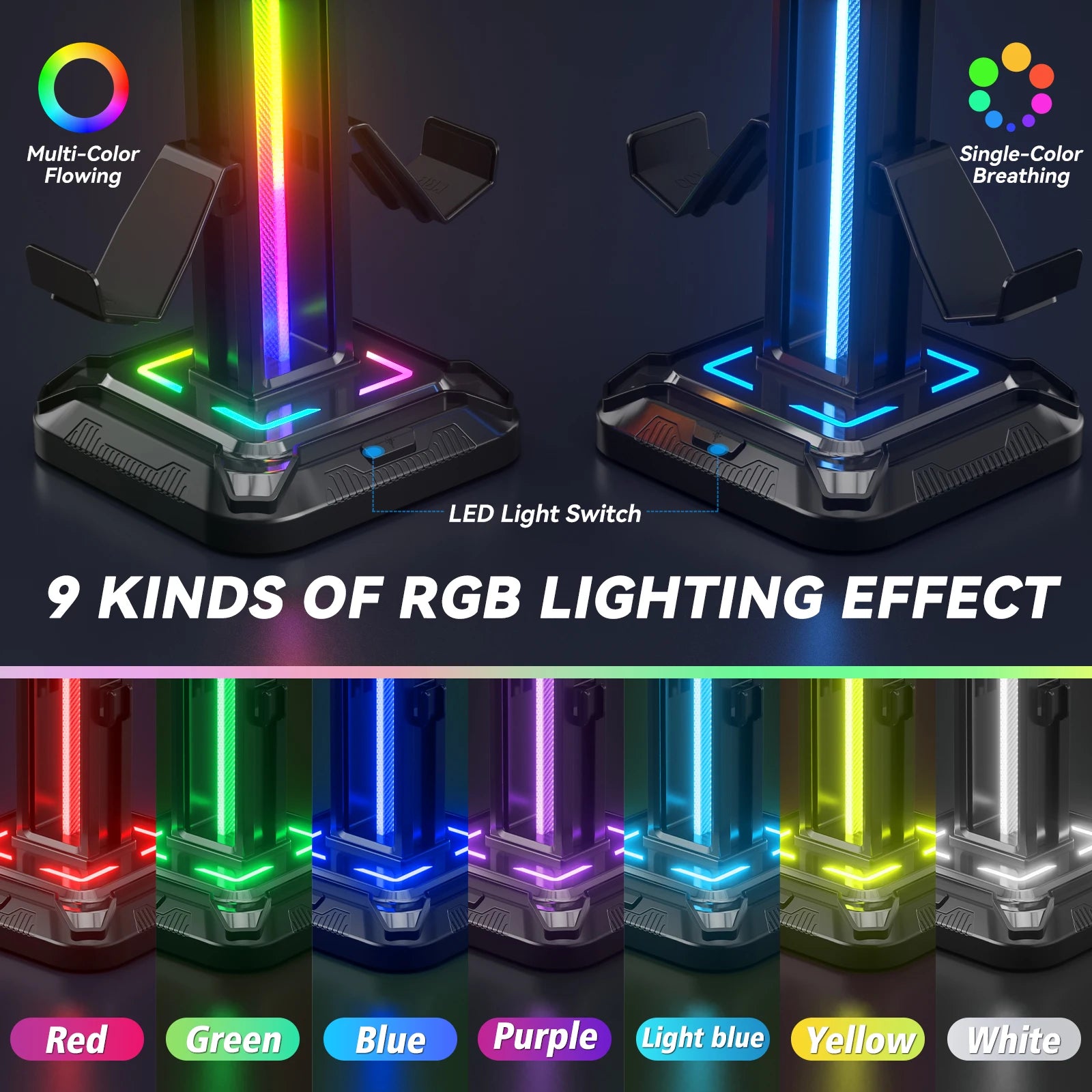 KDD RGB Headset Stand with 9 Light Modes Controller Holder for Desk Rotatable Headphone Stand & Detachable Controller Hook