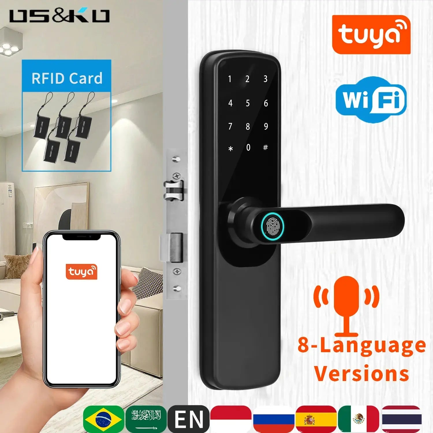 Tuya Wifi Electronic Smart Door Lock With Biometric Fingerprint / Smart Card / Password / Key Unlock/ USB Emergency Charge