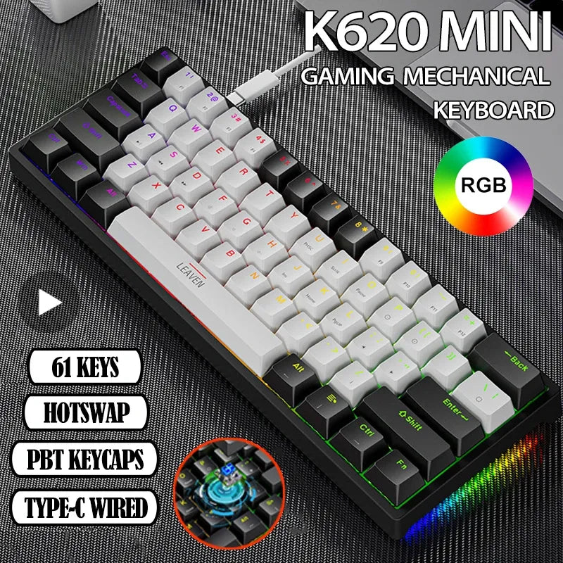 K620 Mini Backlit RGB Gaming Mechanical Keyboard Gamer Mechanic Kit 60 Percent DIY Custom PBT Keycap Hotswap Pink White USB PC