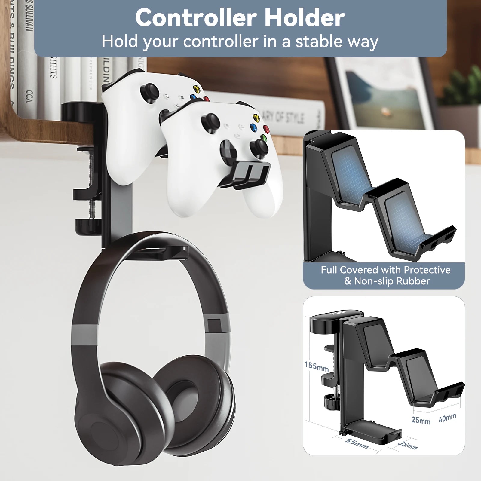 Rotable Headphone holder 3 in 1 Under Desk Clamp Controller Stand Replaceable Cup Holder for Universal Controller and Headset