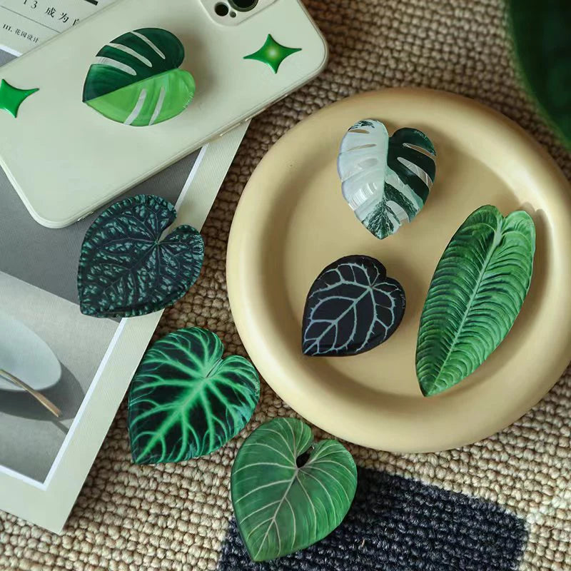 Cute Glossy Popular Simulation Leaf Phone Holder Grip Finger Ring Support Foldable Expandable Griptok Phone Socket Pocket Stand