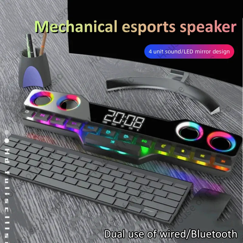 Portable Led Light Wireless Alarm Clock AUX FM BT Gaming Mechanical Keyboard Speaker Dual Horn Stereo for Computer Audio Systems