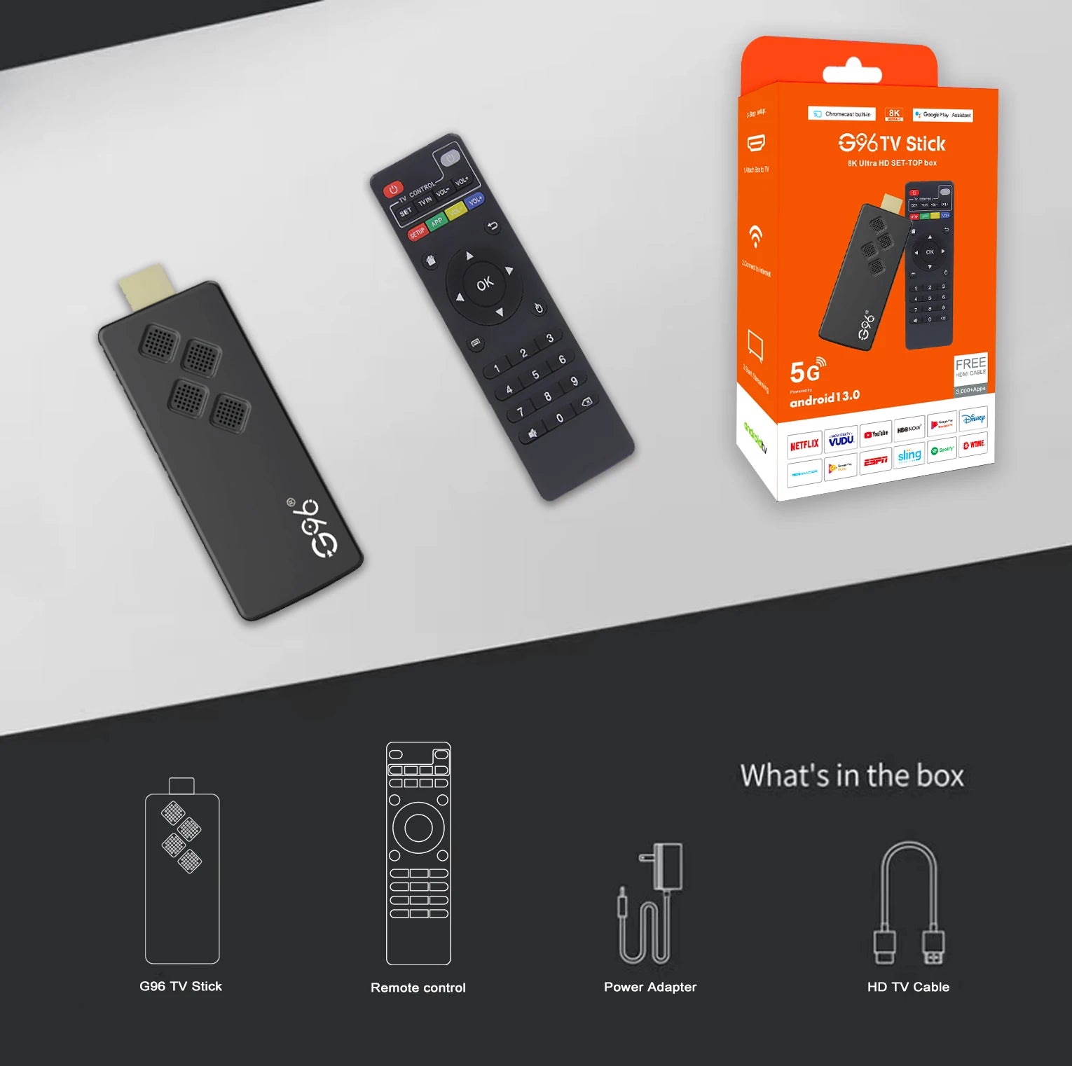 2024 Hot G96 8k android13.0 infrared remote control TV Stick 2GB 8GB ATV2.4G&5G Dual Wifi BT5 Netflix Youtube Media Player