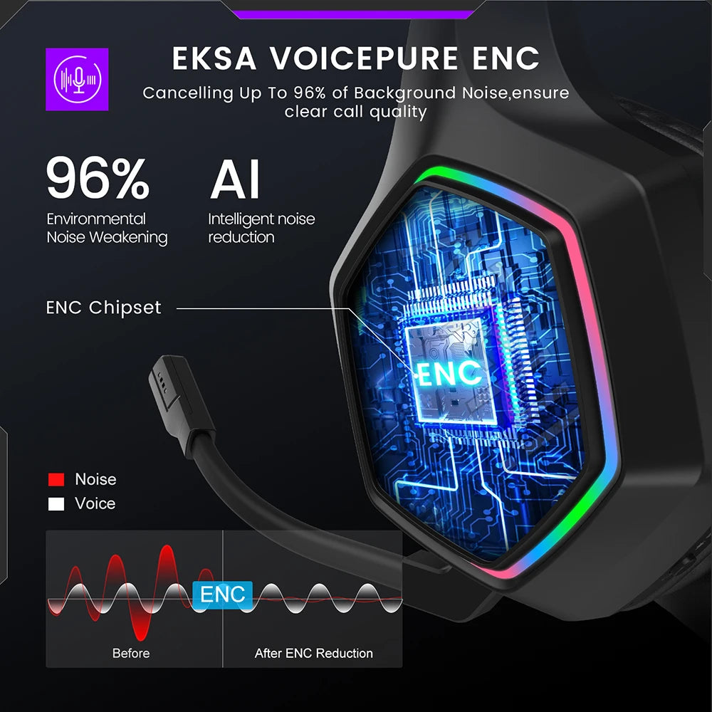 EKSA E1000WT RGB Wireless Gaming Headset 7.1 Surround Sound Gamer Headphones with ENC Mic Wireless Gamer Headset for PC/XBOX/PS5