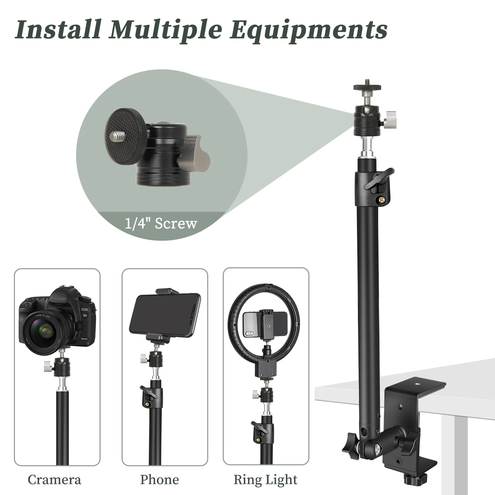 SH Desk Mount Stand With Ball Head ,Adjustable Table Frosted Tripod Stand Use For Ring Light,Video,Projector，Photo Studio Kit