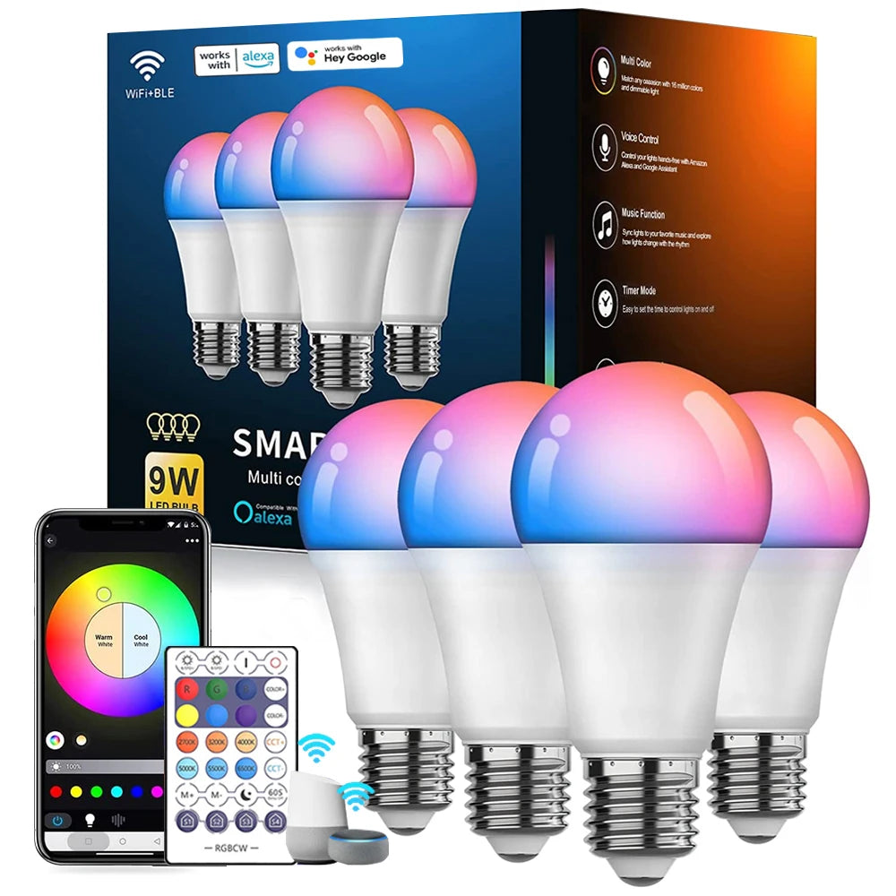 LED Smart Bulb A19 E26/E27 Color Changing LED Bulb with Music Synchronization WiFi and BLE 5.0 Dimmable RGB Smart Home Lighting