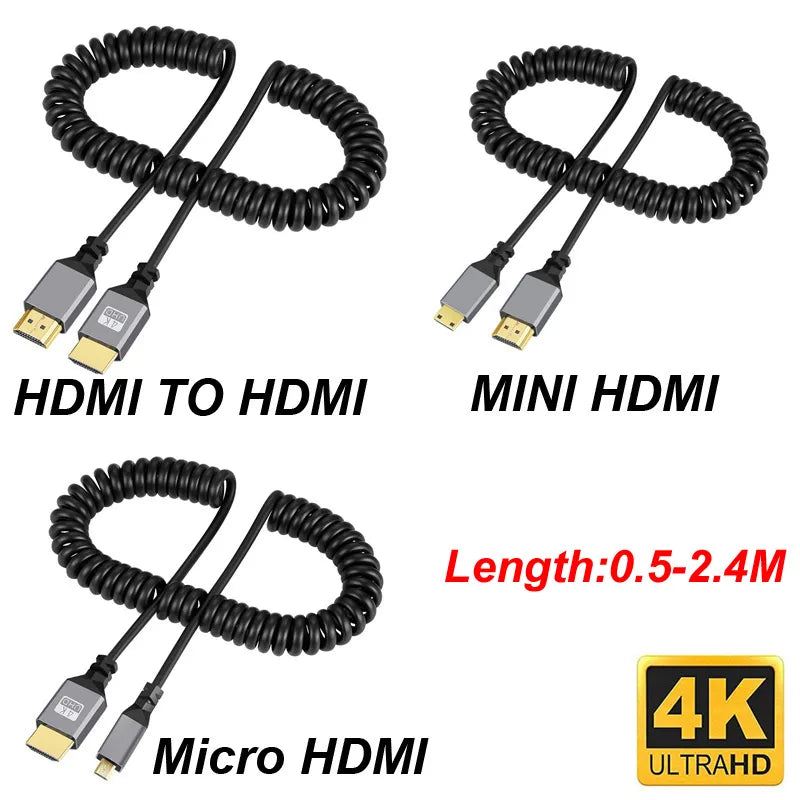 4K@60HZ 0.5-2.4M Micro mini HDMI-Compatible TO HDMI Minihdmi Microhdmi Coiled Extension Flexible Spiral Cable Male to Male Plug