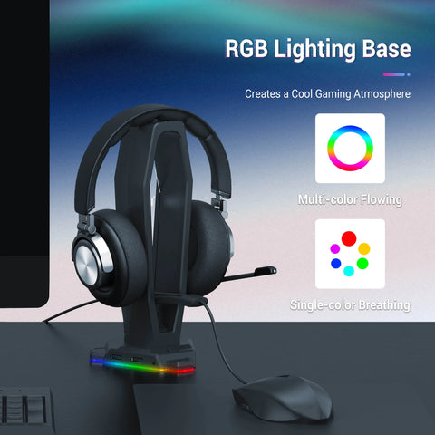 3 in 1 RGB Gaming Headset Holder Hanger Headphone Stand Desk Display with Mouse Bungee Cord Clip Wire Organizer and USB 2.0 Port