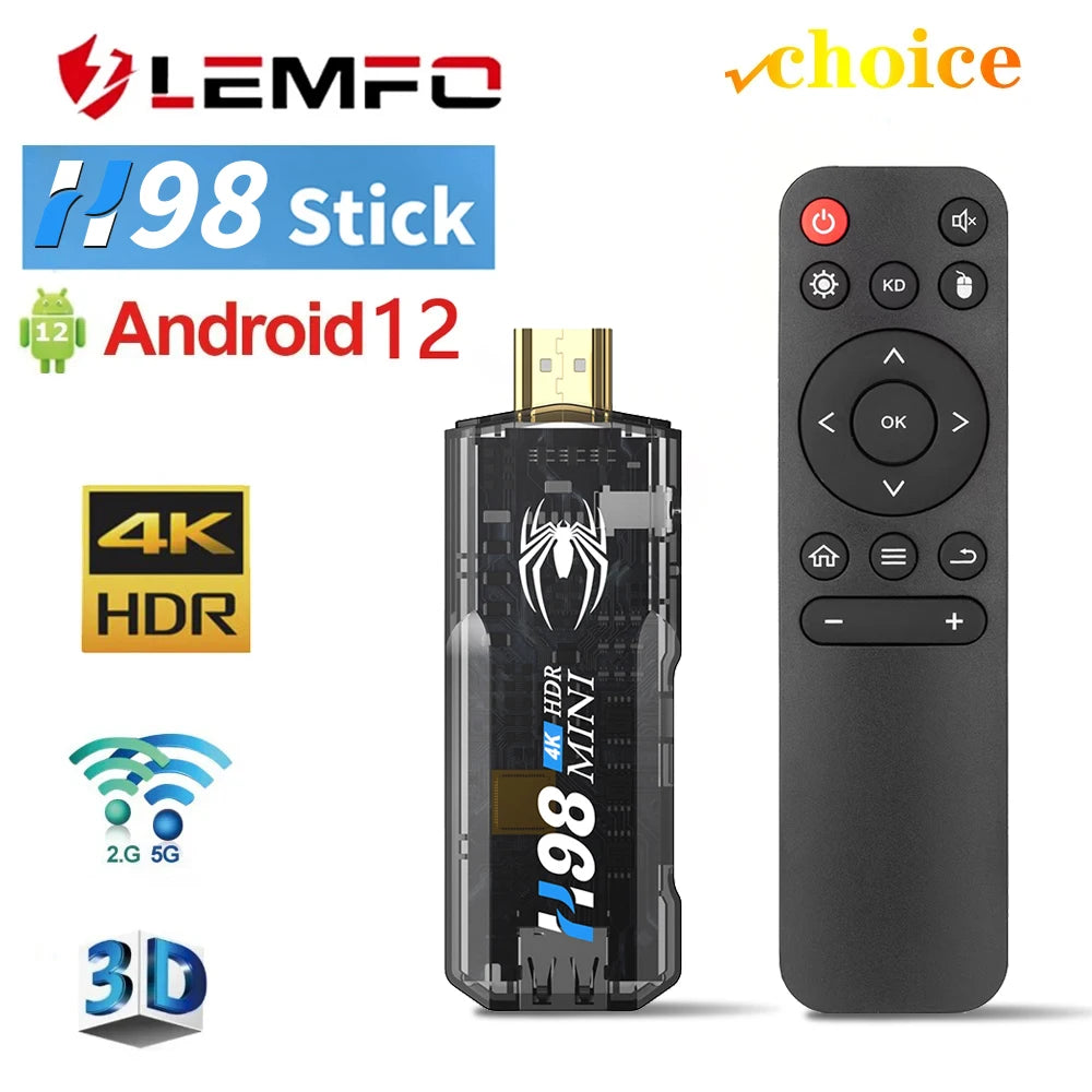 LEMFO H98 Mini TV Stick Android 12 Support 8K Video 4K Wifi 6 HDR10 3D TV Box 2.4G&5G Body Feeling Game Smart TV Box 16GB 32GB