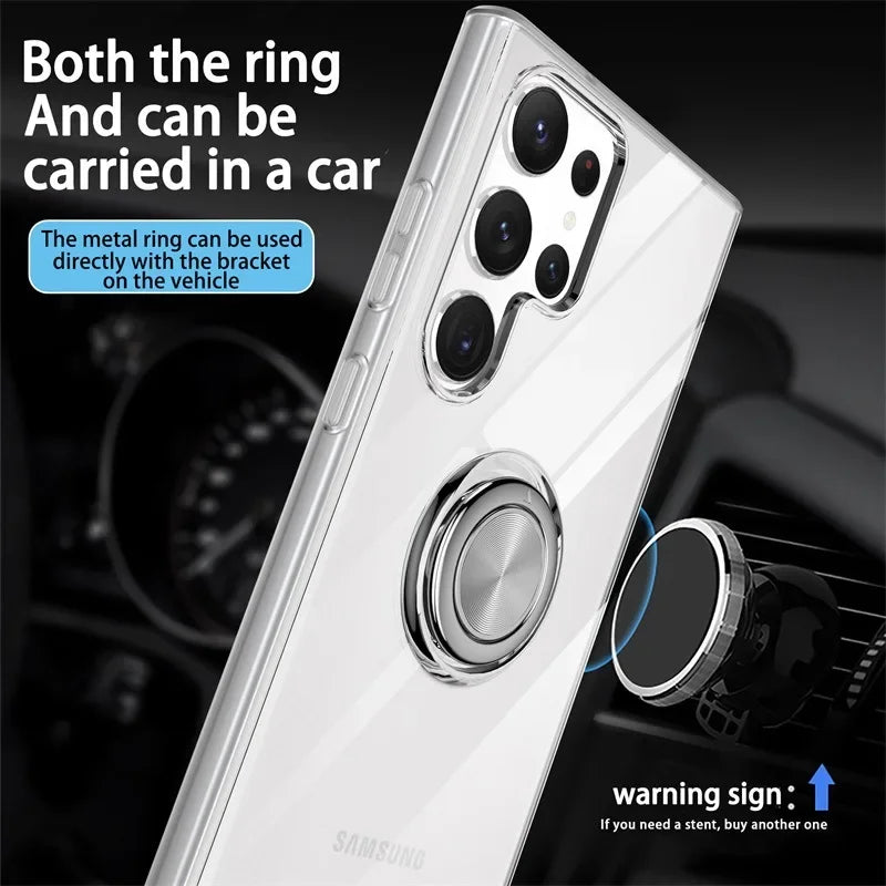 Magnetic Metal Ring Holder Transparent Phone Case for Samsung Galaxy S24 S23 Ultra S22 S21 S20 Plus Clear Silicone Soft Cover