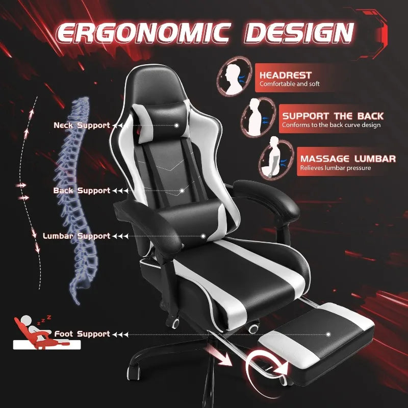 Lacoo PU Leather Gaming Chair Massage Ergonomic Gamer Chair Height Adjustable Computer Chair with Footrest &Lumbar Support,White