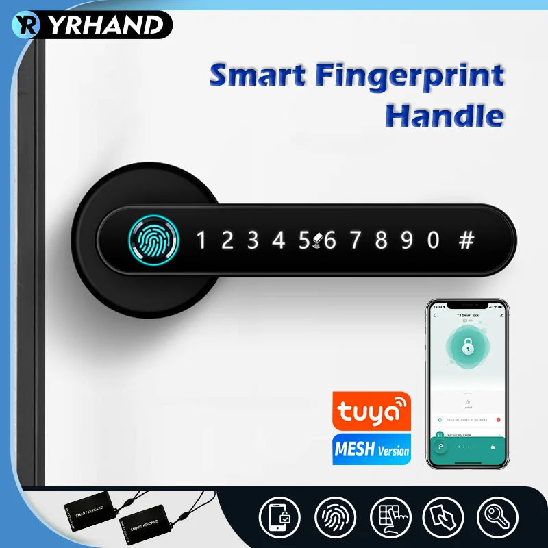 YRHAND Tuya BLE Biometric Handle Smart Fingerprint Lock With IC Card Password Mechanical Key Unlock For Single Handle for Home