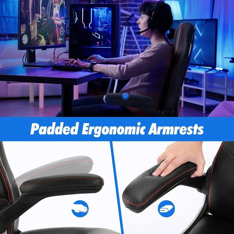 Gaming Ergonomic Desk Flip Armrests and Lumbar Support PU Leather Adult Executive Middle Back Computer Chair, Red