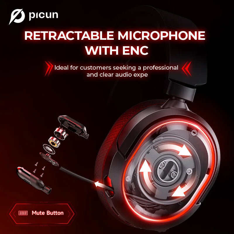 Picun UG-08S 2.4G Wireless Gaming Headset Bluetooth Headphones 5ms Low Latency 7.1 Surround ENC Mic For PC PS4 PS5 Phone Switch