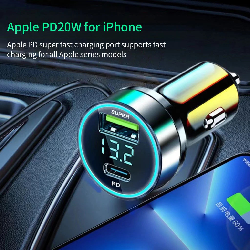 240W Car Charger Fast Charging 2 USB Ports Adapter for IPhone Samsung Xiaomi Quick Charging Chargers with Digital Display