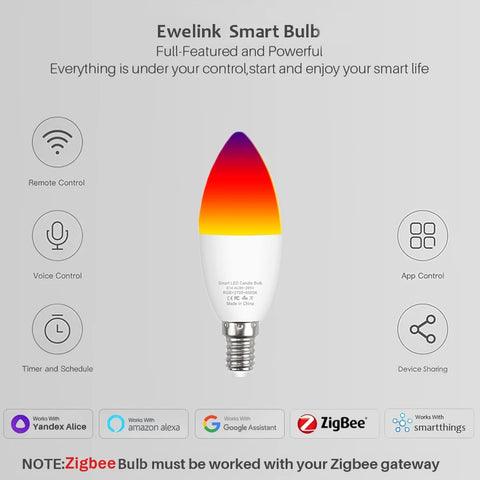 Ewelink E14 Smart Wifi Led Light Bulb Zigbee RGBCW Led Lamp Works With Alexa Amazon Google Home Yandex Alice Smartthings