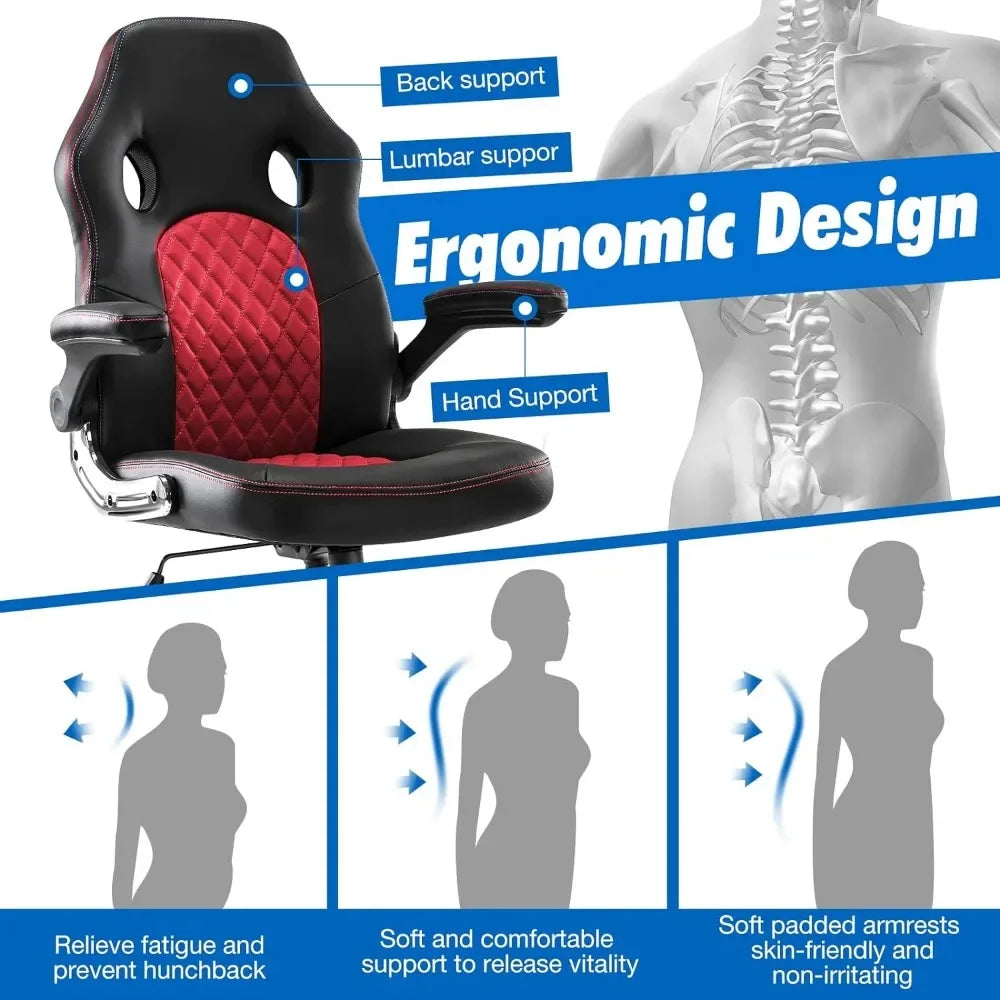 Gaming Ergonomic Desk Flip Armrests and Lumbar Support PU Leather Adult Executive Middle Back Computer Chair, Red