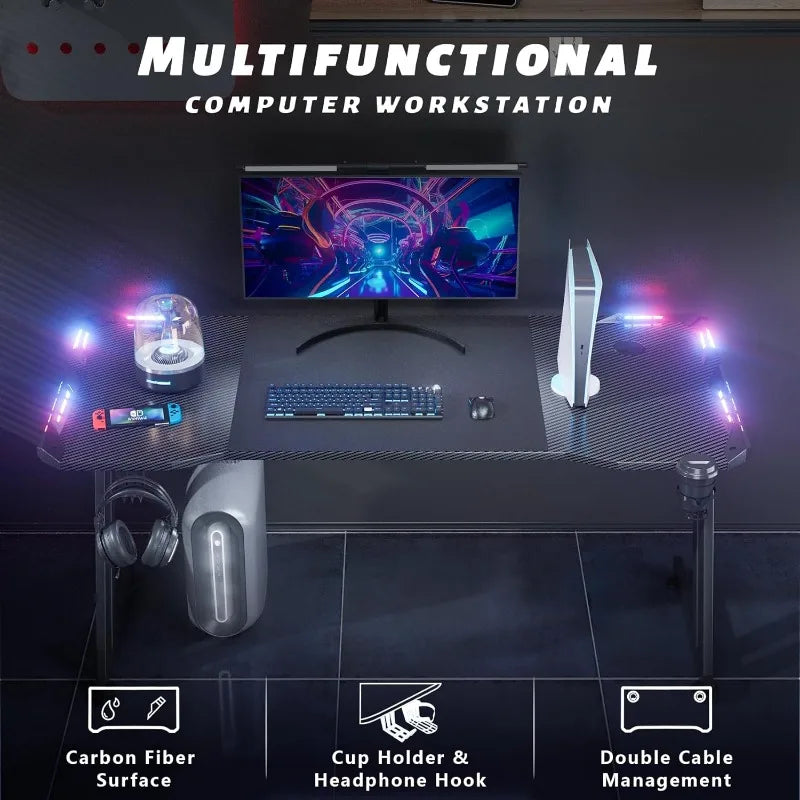 LED Gaming Desk 55 Inch Ergonomic Gamer Workstation Gamer Carbon Fibre Surface Large Compuster Desk with Cup Holder