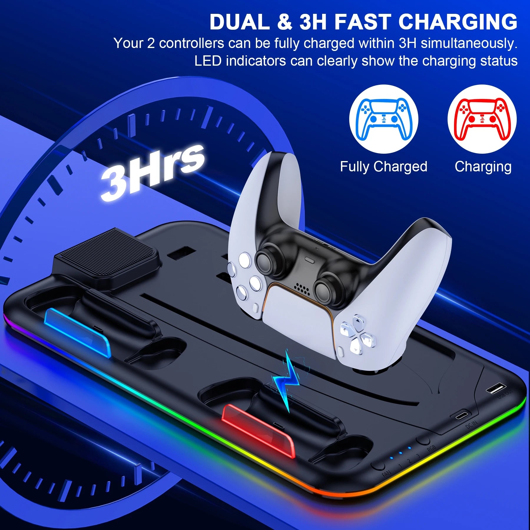 Dinofire Gaming Accessories For PS5 Slim Stand PS5 RGB Cooling Station with Cooling Fan Dual Controller Charger For Playstation5