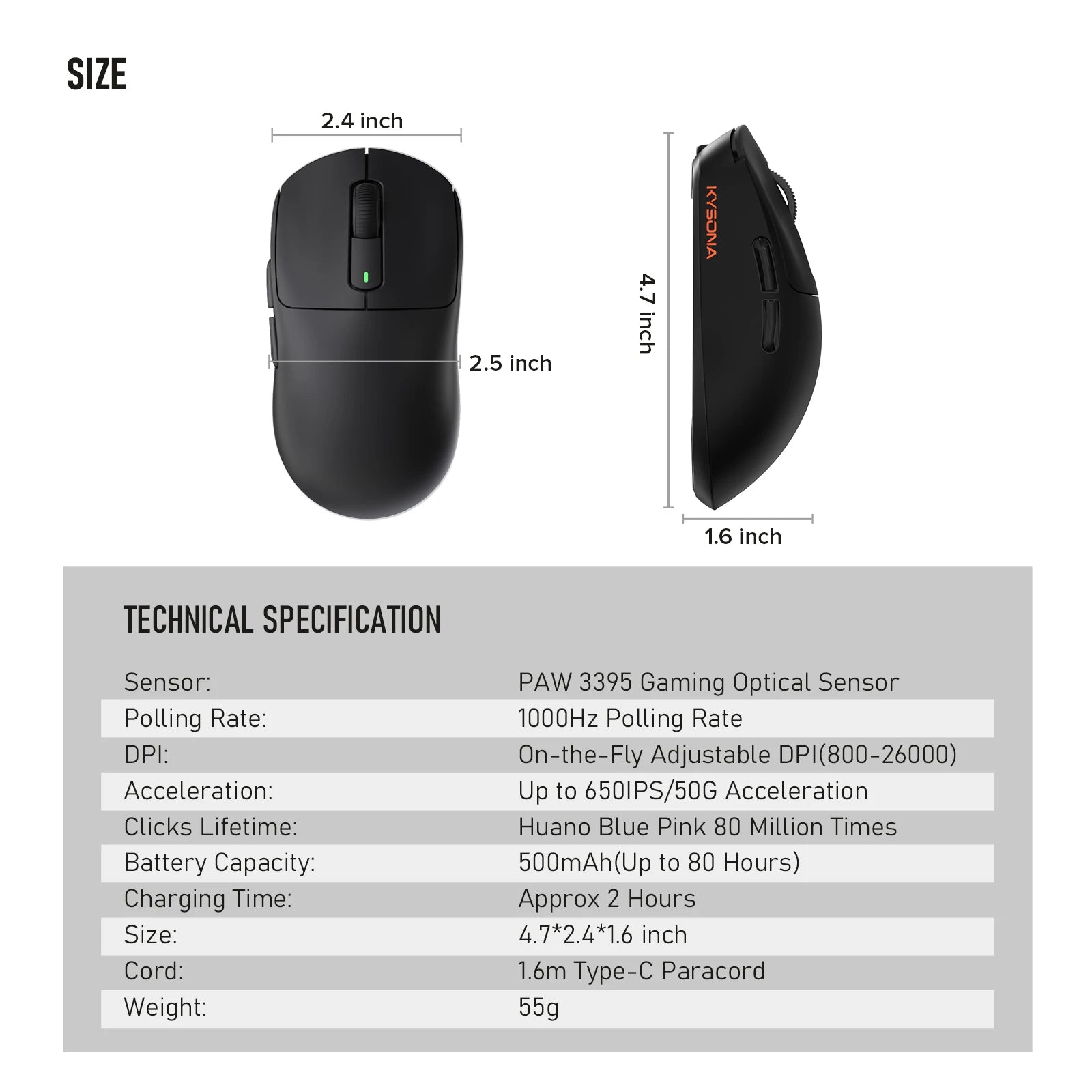 Kysona M600 Black PAW3395 Wireless Gaming Esports Mouse 55g 26000DPI 6 Buttons Optical PAM3395 Computer Mice For Laptop PC