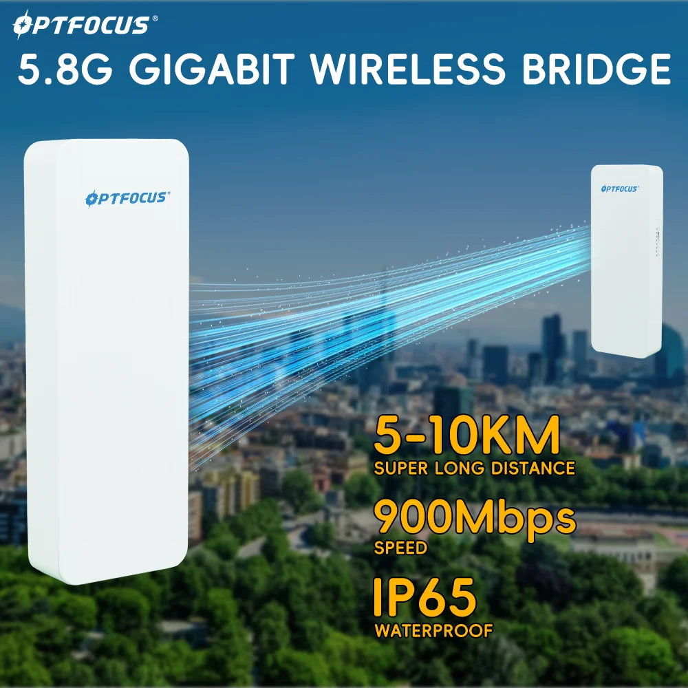 OPTFOCUS Outdoor Wireless Bridge 1 Pair 900Mbps 10KM 14Dbi Point To Point IP65 CPE 2.4G 5Ghz CPE WiFi Signal PTP Long Range