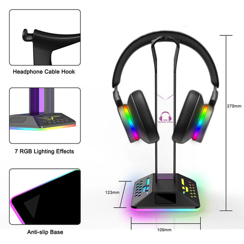 RGB Headphone Stand with Type C 2 USB Ports 3.5mm Audio for All Headsets Gamers Gaming PC Desktop Earphone Accessories Holder