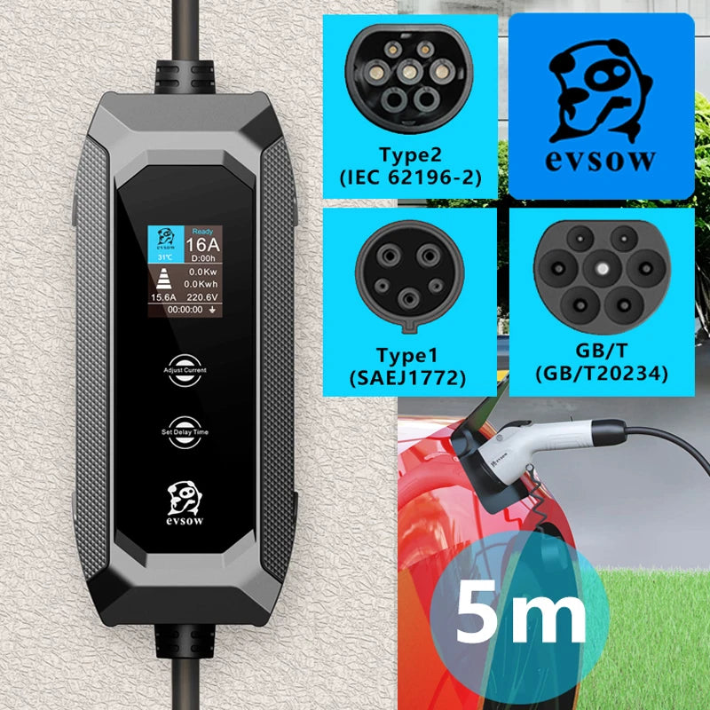 evsow Portable EV Charger Type2 16A 3.5KW 1Phase Electric Car Charger 5m Charging Cable Type1 GBT Wallbox EVSE Charger Station