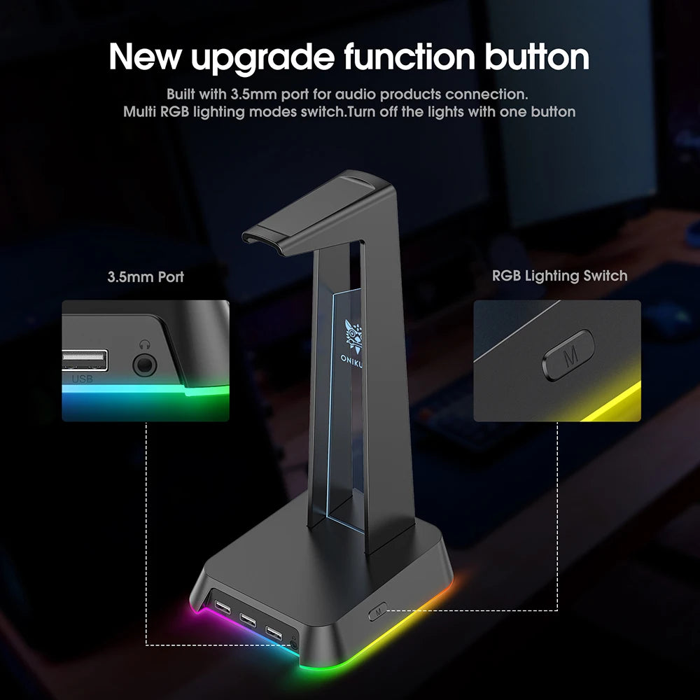 RGB Gaming Headphone Stand 3 USB Port Touch Control Strip Light Gaming Headset Holder Earphone Accessories