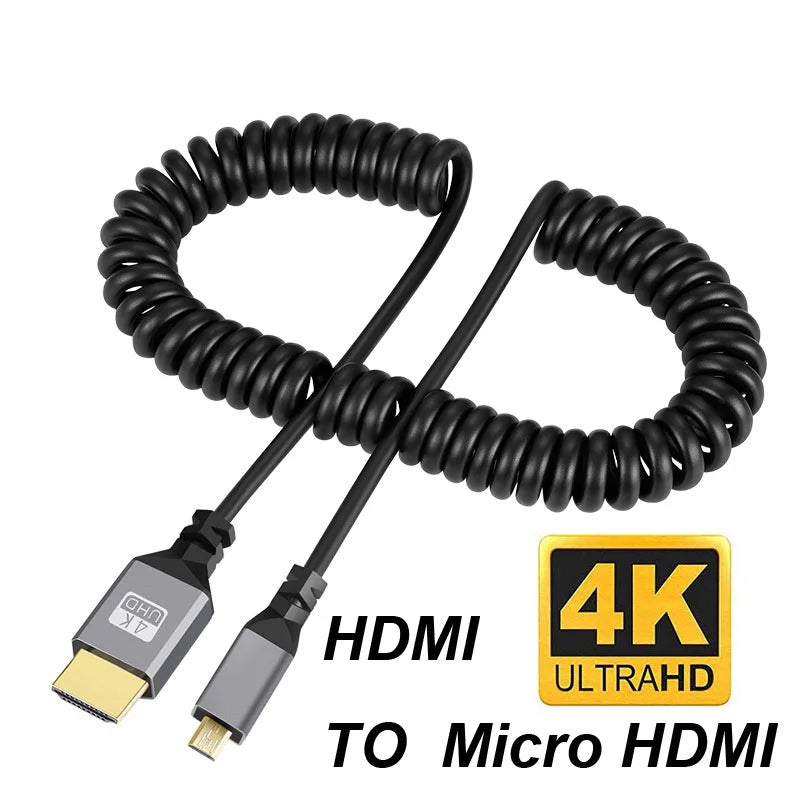 4K@60HZ 0.5-2.4M Micro mini HDMI-Compatible TO HDMI Minihdmi Microhdmi Coiled Extension Flexible Spiral Cable Male to Male Plug