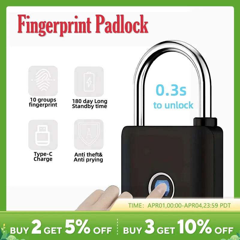 Fingerprint Lock Zinc Alloy Type-C Rechargeable Durable Long Standby Keyless Electronic Lock Decompression Toys Waterproof IP67