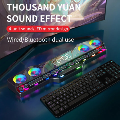 RGB Bluetooth Wireless Esport Sound Bar Portable Desktop Computer 4D Stereo Subwoofer AUX PC Home Clock Indoor SoundBar FM RADIO