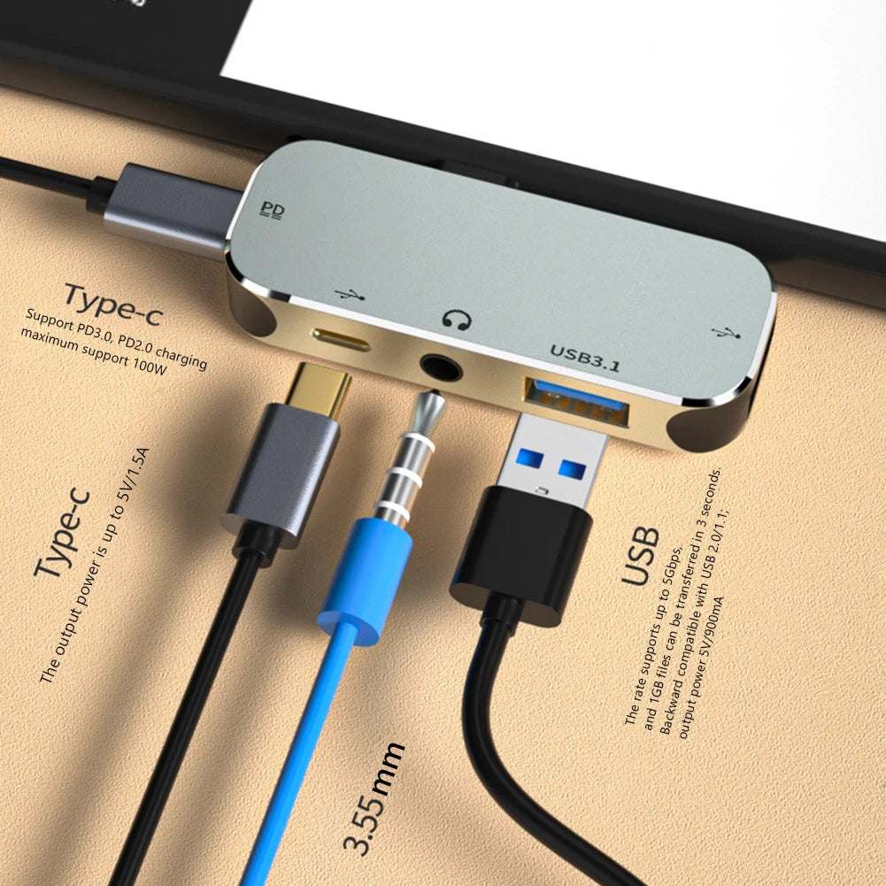 Multi-function 6 in 1 Type-C Hub 3.55mm Jack PD100W USB3.0/USB2.0/USB3.1 HDMI-Compatible USB Extender Hub