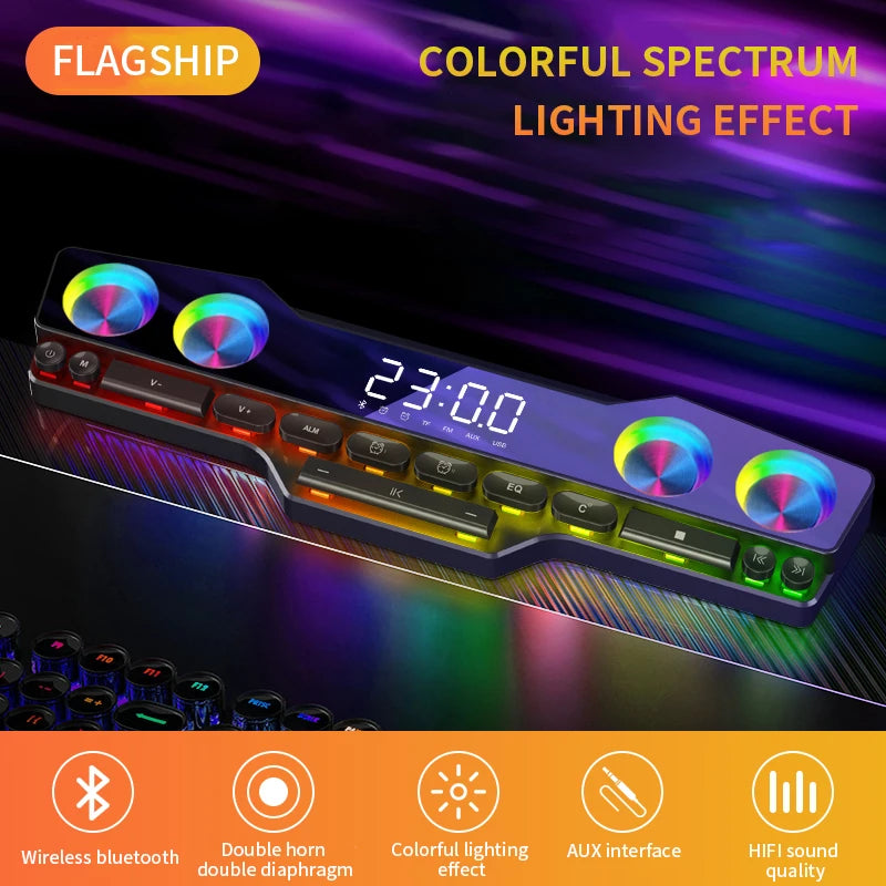 Portable Led Light Wireless Alarm Clock AUX FM BT Gaming Mechanical Keyboard Speaker Dual Horn Stereo for Computer Audio Systems