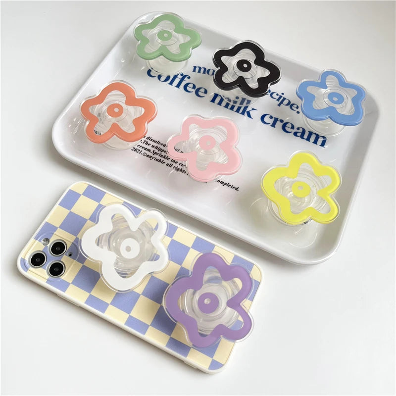 Cute Solid Color Flower Glossy Foldable Socket Pocket Phone Holder for IPhone 15 14 13 Pro Max Grip Finger Ring Stand Bracket